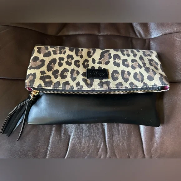 Funky Monkey Clutch Leopard and Black with Burgundy lining fold over NWOT - Picture 1 of 4